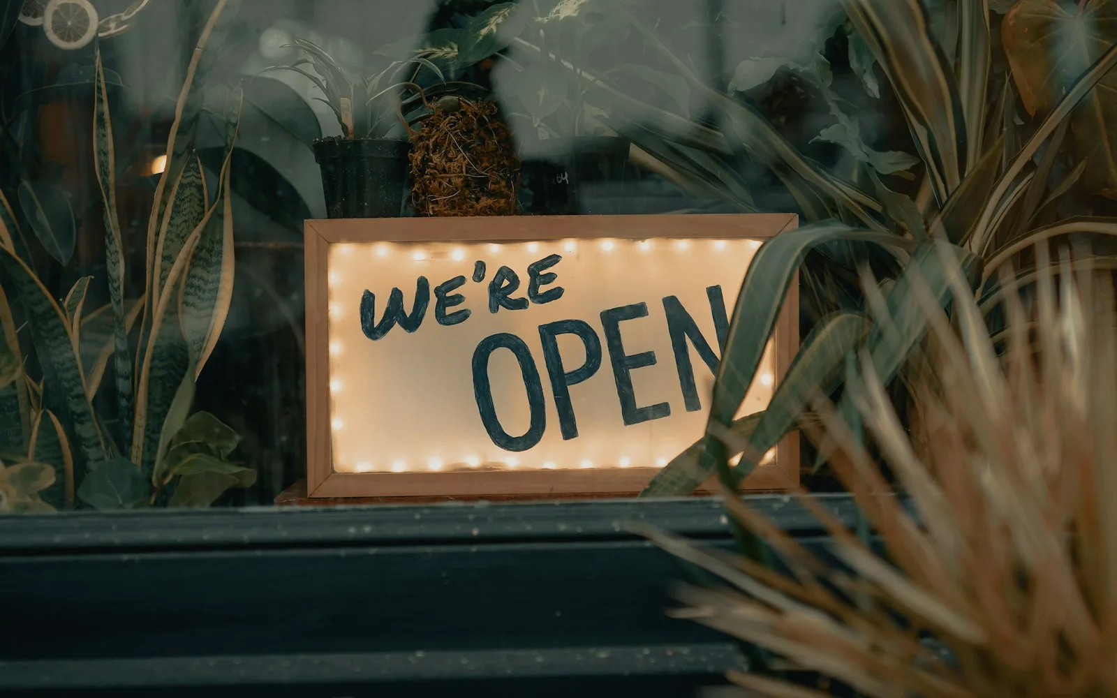 Podświetlony szyld z napisem „We’re open” w oknie lokalu