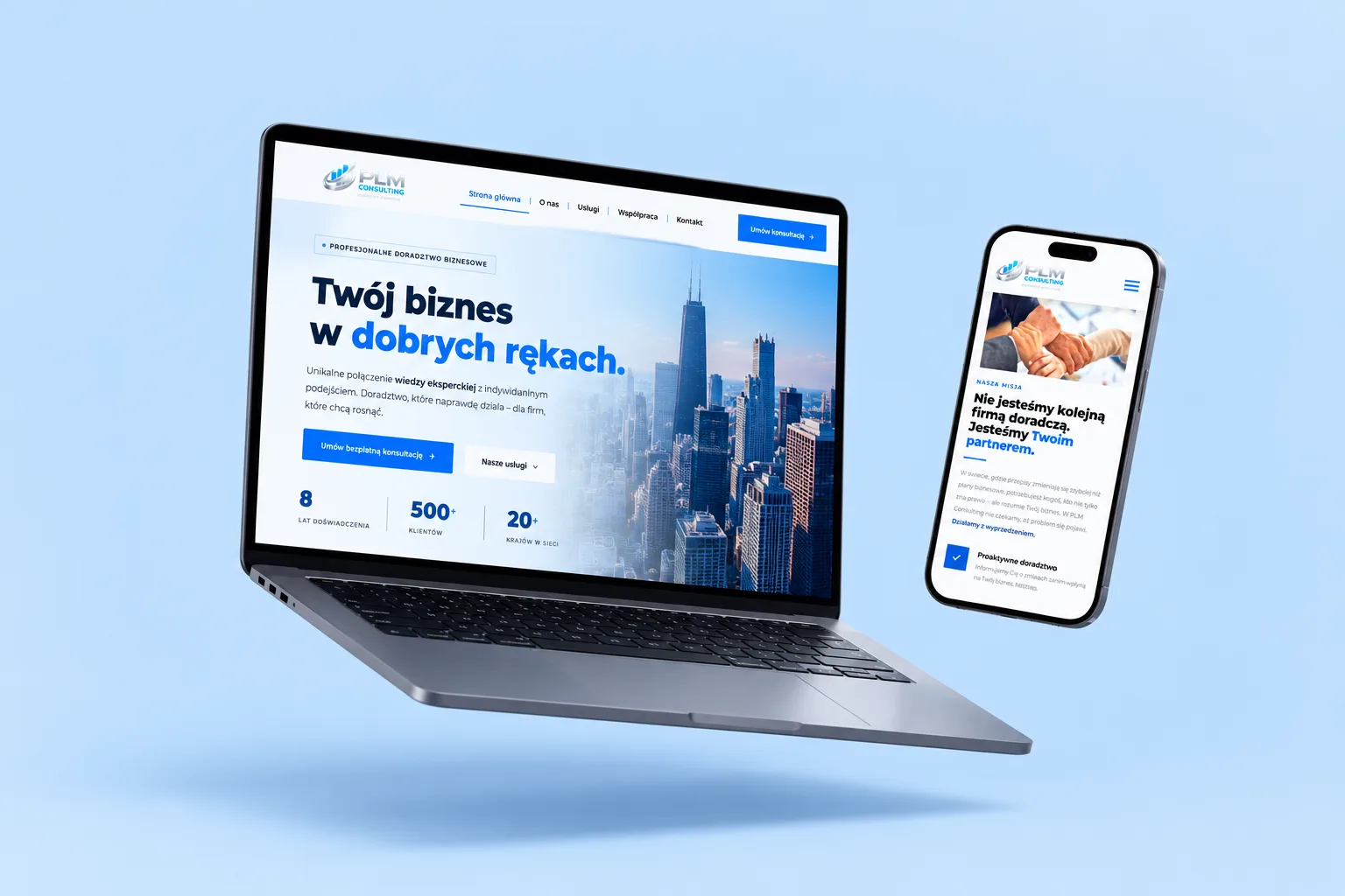 Strona internetowa firmy doradztwa biznesowego PLM Consulting na ekranie MacBooka i iPhone'a