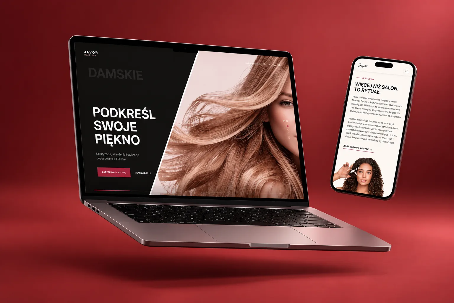 Strona internetowa salonu fryzjerskiego Javor Hair Spa z Nowego Sącza na ekranie MacBooka i iPhone'a: oferta i rezerwacja wizyt