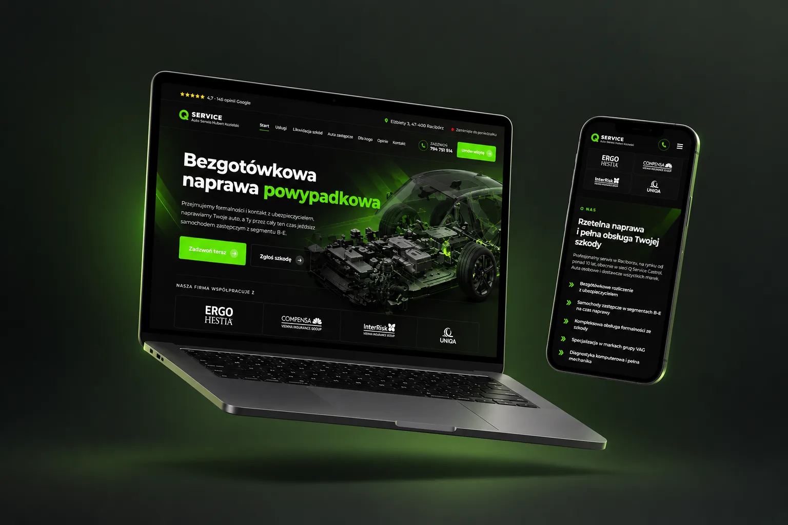 Strona internetowa warsztatu Q Service z Raciborza na ekranie MacBooka i iPhone'a: bezgotówkowa naprawa powypadkowa i auta zastępcze