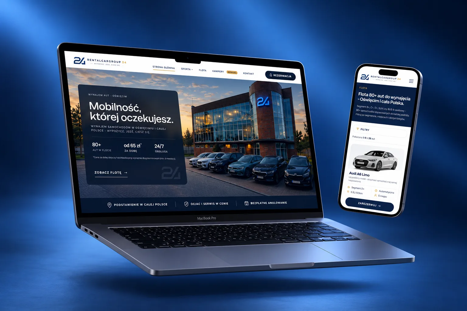 Strona internetowa wypożyczalni samochodów RentalCarGroup 24 z Oświęcimia na ekranie MacBooka i iPhone'a: flota aut i rezerwacja online